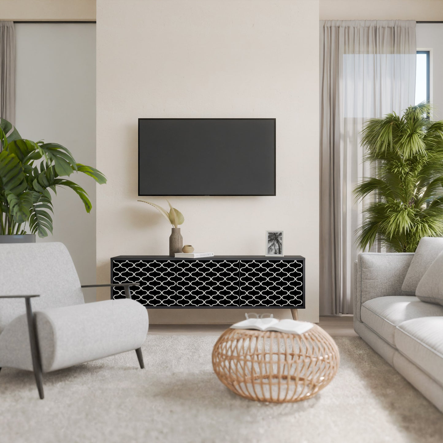 TESSELATED BLACKNESS 3-Door TV Stand in Black Finish