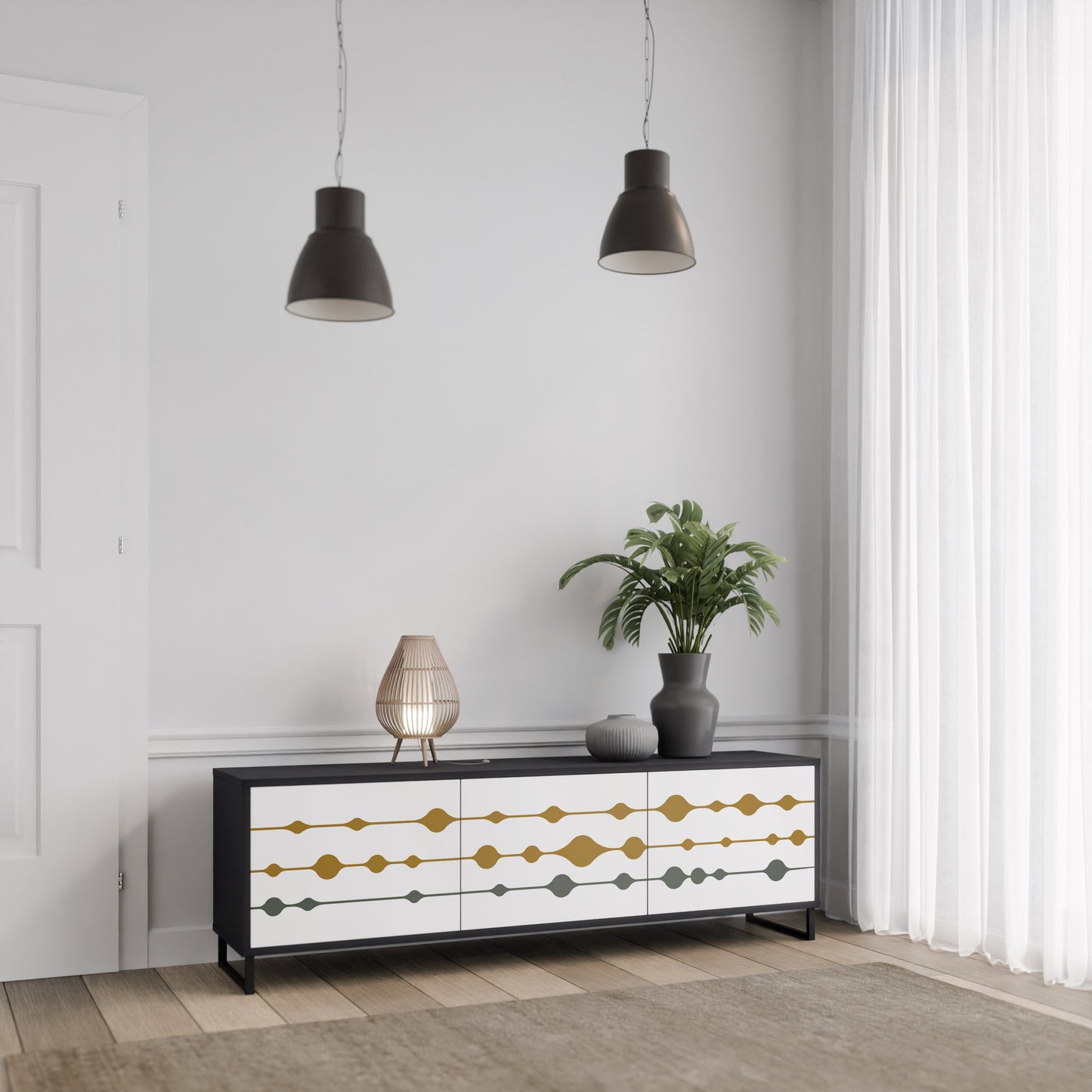 VIVID TONE 3-Door TV Stand in Black Finish