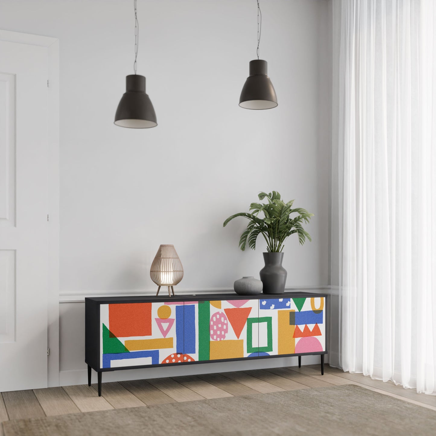 GEOMETRIC GLIMMER 3-Door TV Stand in Black Finish