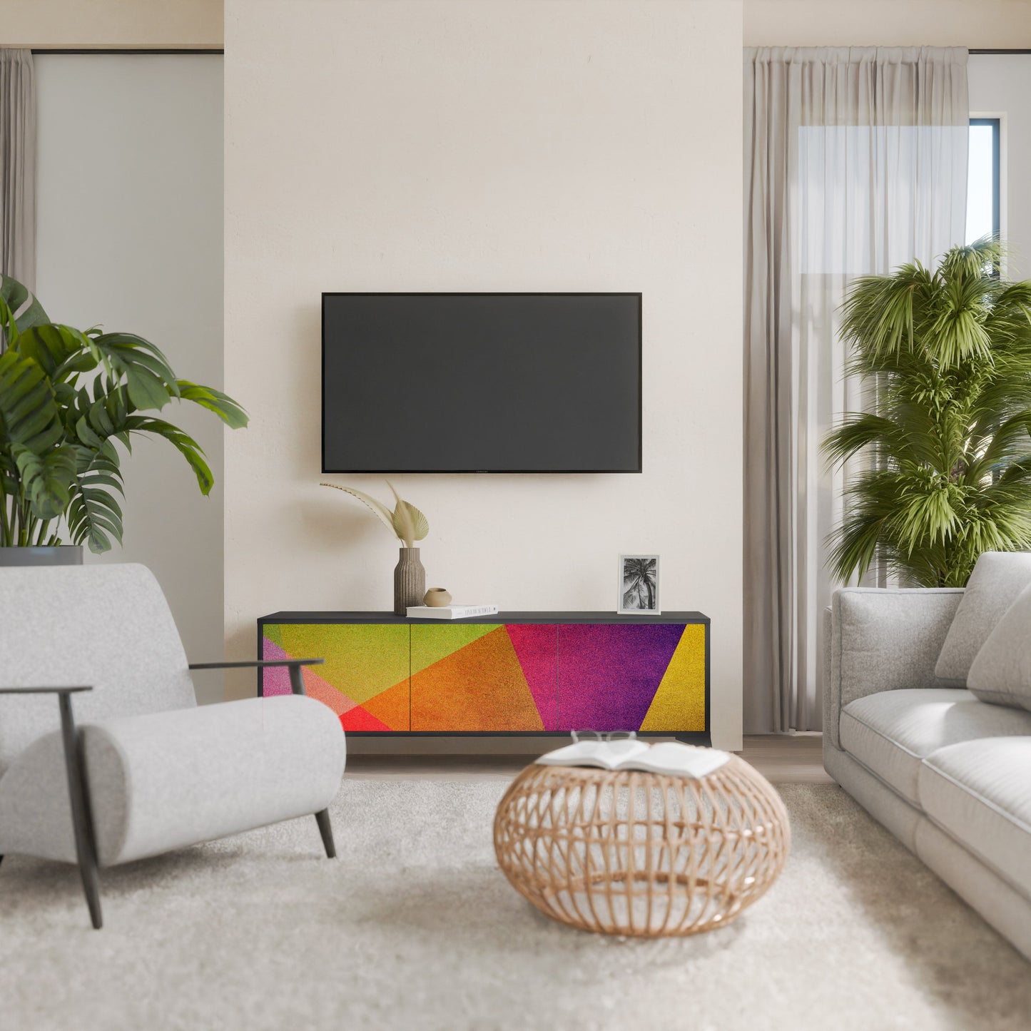 VIVID GEOMETRY 3-Door TV Stand in Black Finish