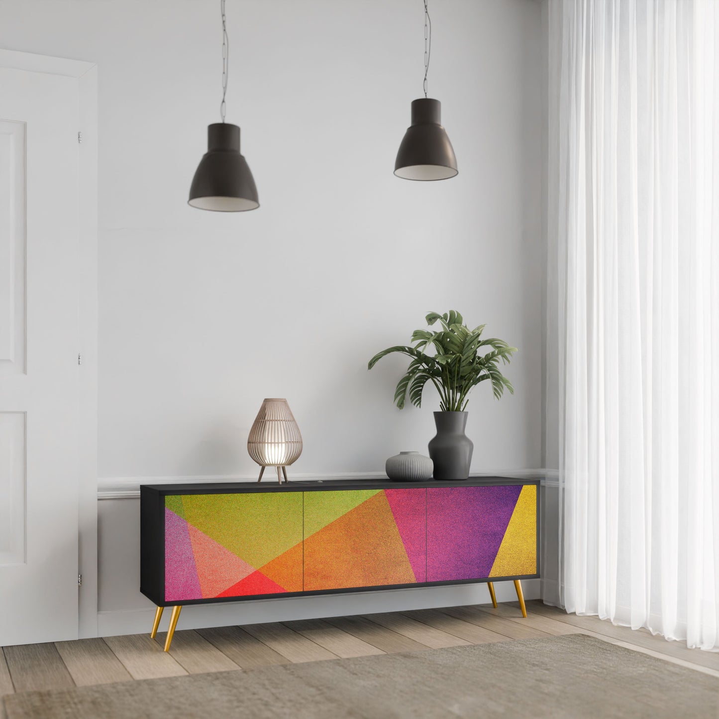 VIVID GEOMETRY 3-Door TV Stand in Black Finish