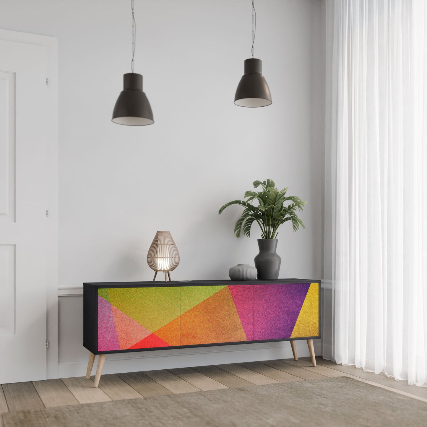 VIVID GEOMETRY 3-Door TV Stand in Black Finish