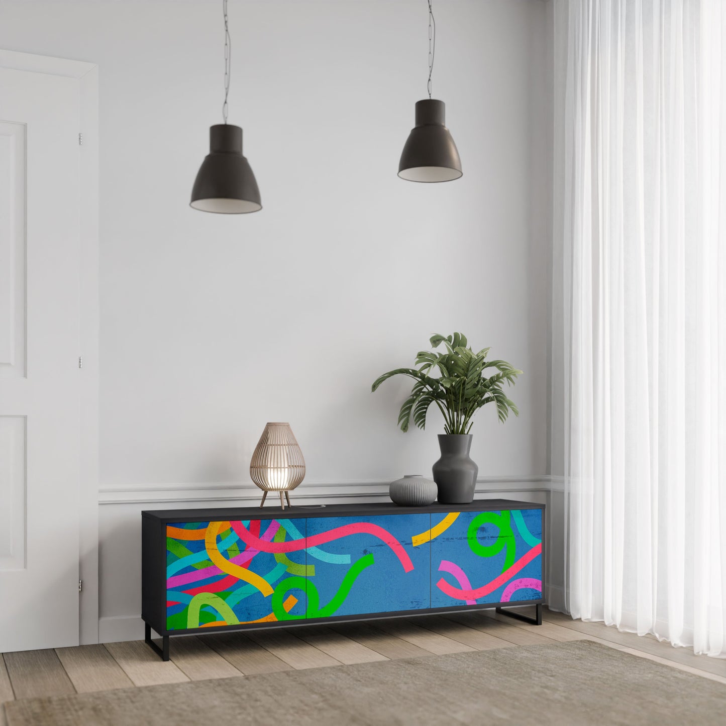 STREAMER TANGLE 3-Door TV Stand in Black Finish