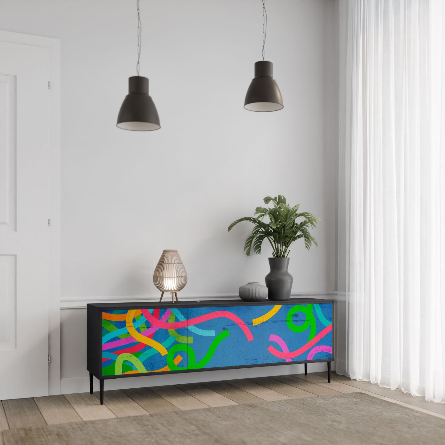 STREAMER TANGLE 3-Door TV Stand in Black Finish