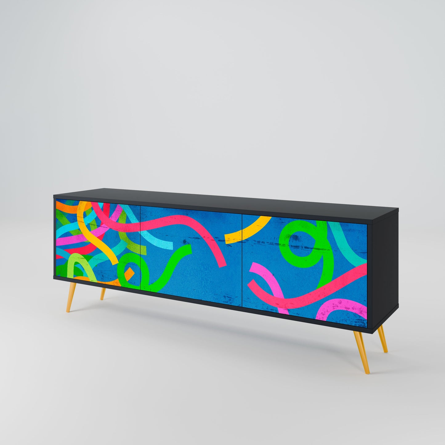 STREAMER TANGLE 3-Door TV Stand in Black Finish