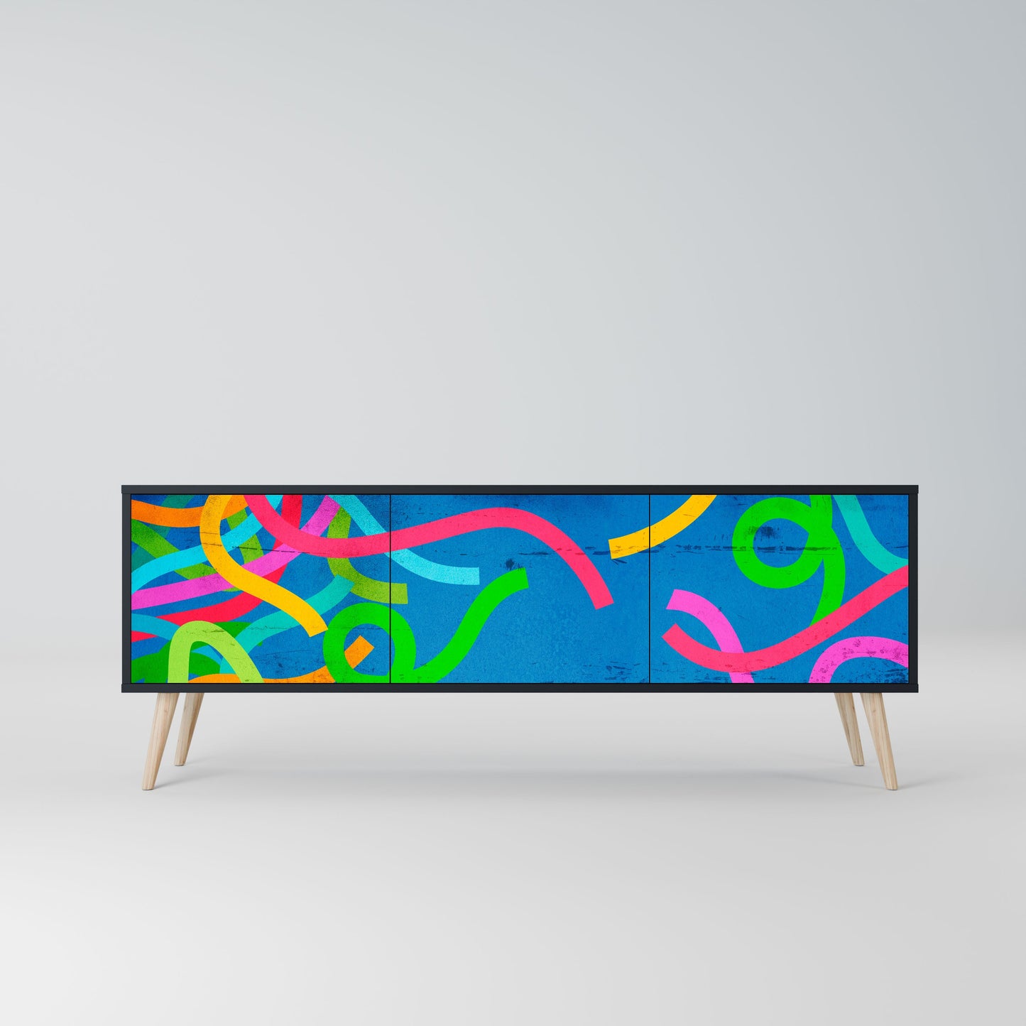 STREAMER TANGLE 3-Door TV Stand in Black Finish