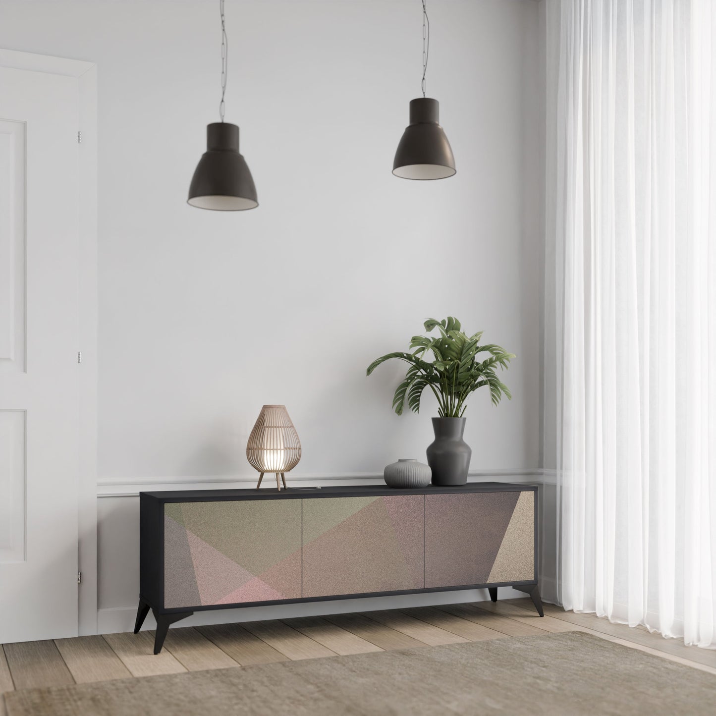 BEIGE GEOMETRY 3-Door TV Stand in Black Finish