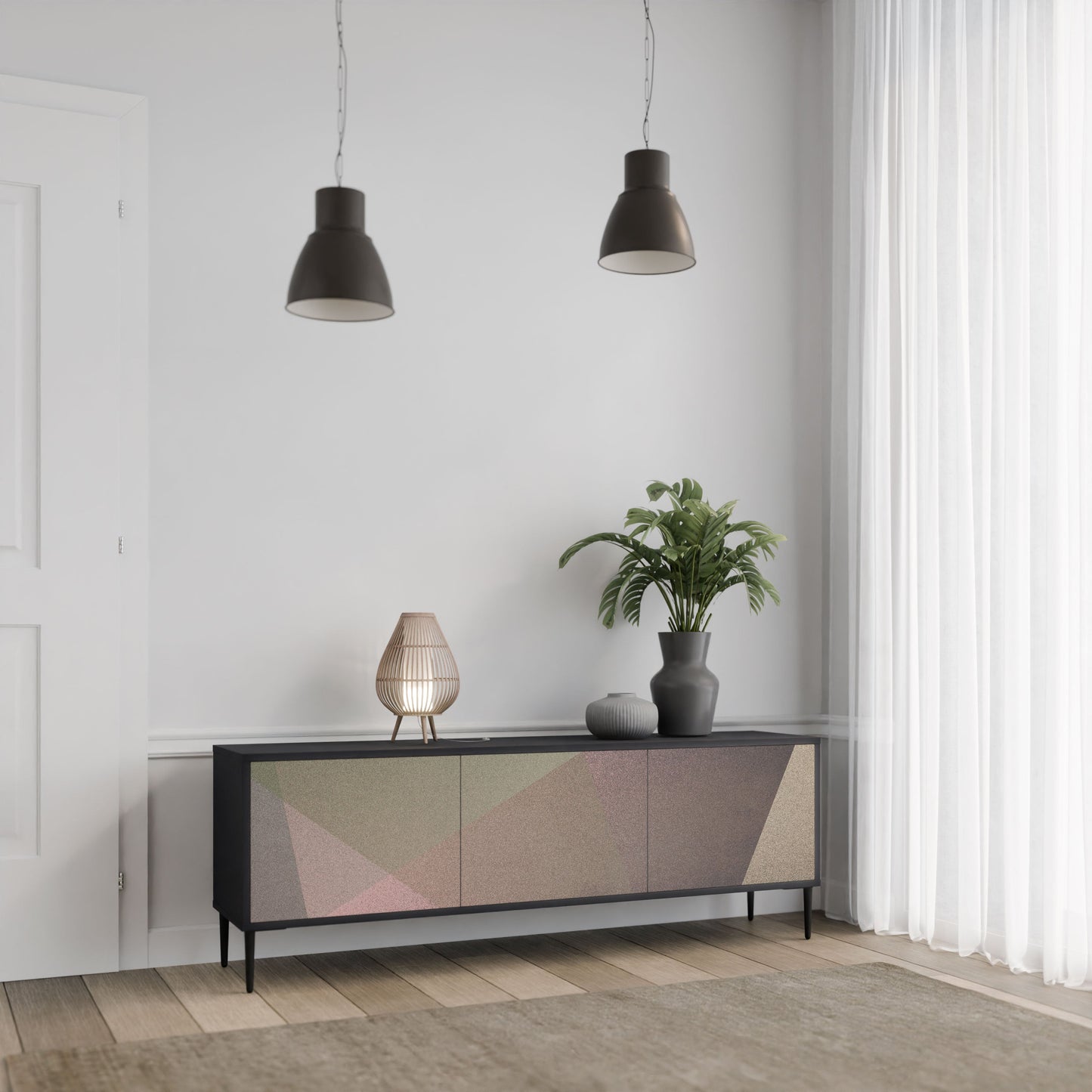 BEIGE GEOMETRY 3-Door TV Stand in Black Finish