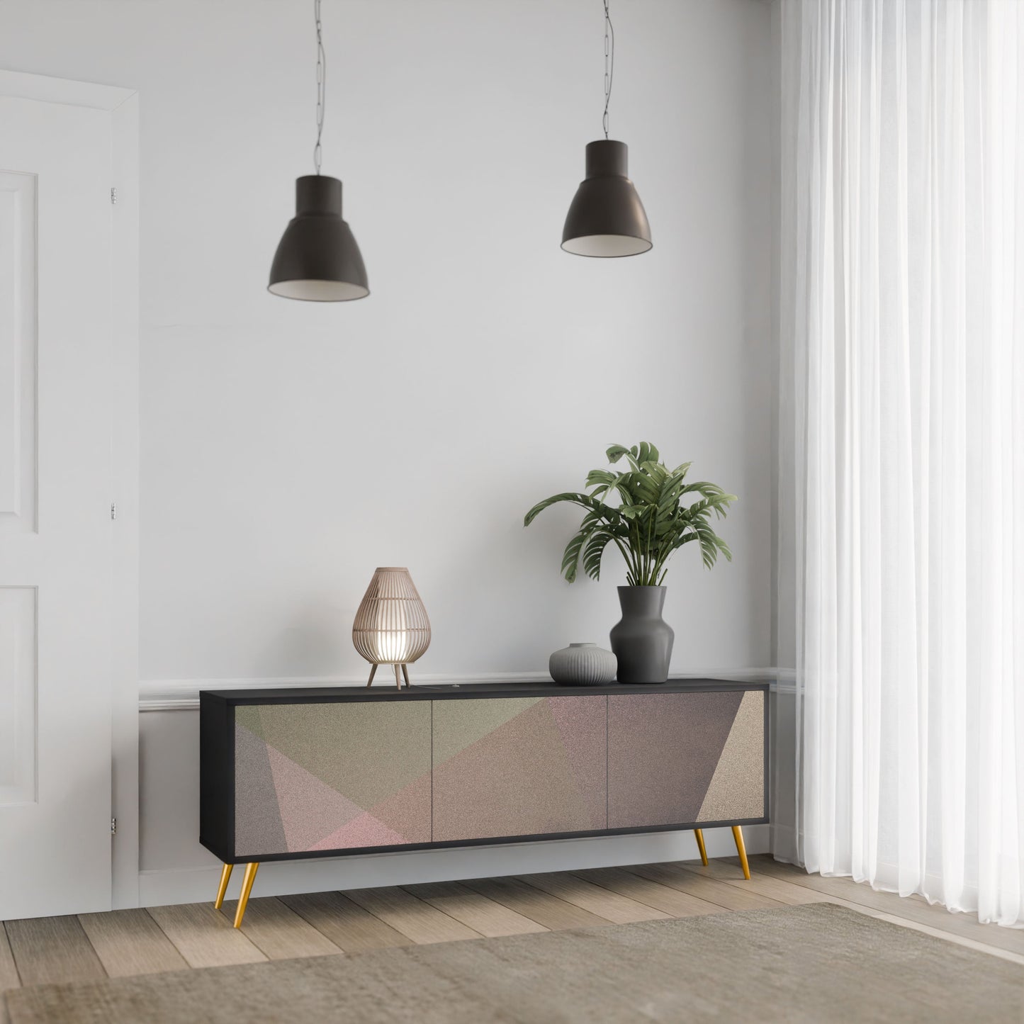 BEIGE GEOMETRY 3-Door TV Stand in Black Finish