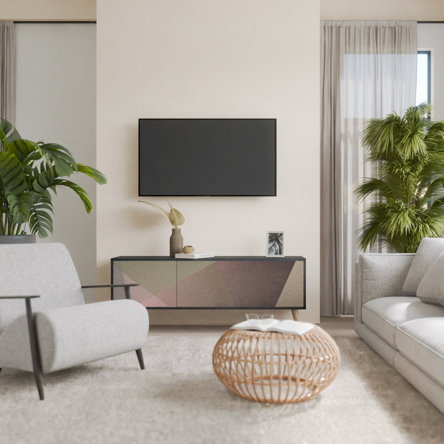BEIGE GEOMETRY 3-Door TV Stand in Black Finish