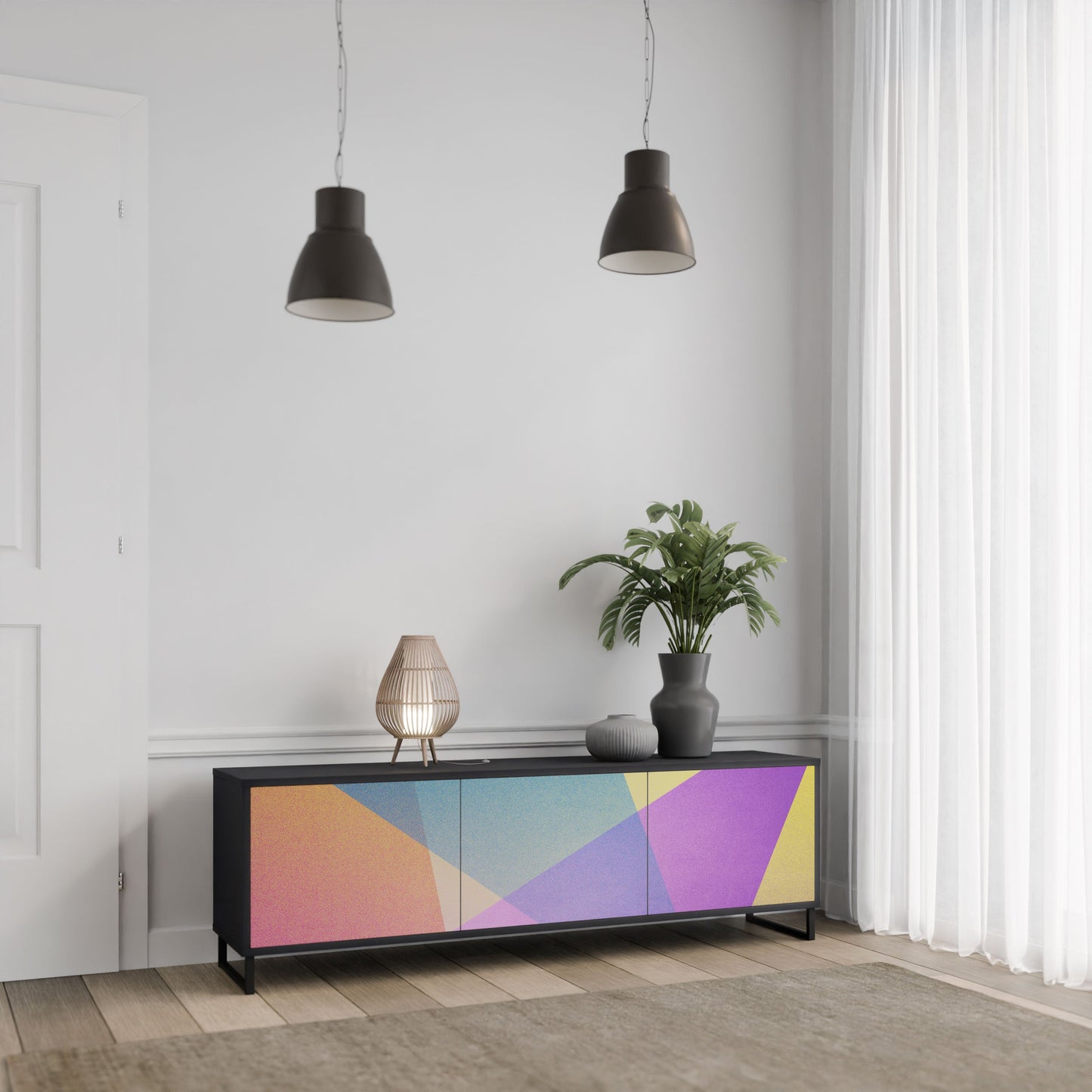BRIGHT GEOMETRY 3-Door TV Stand in Black Finish