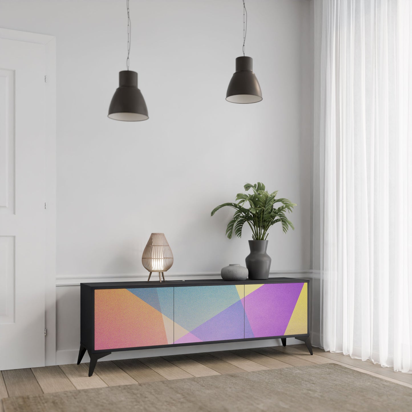 BRIGHT GEOMETRY 3-Door TV Stand in Black Finish