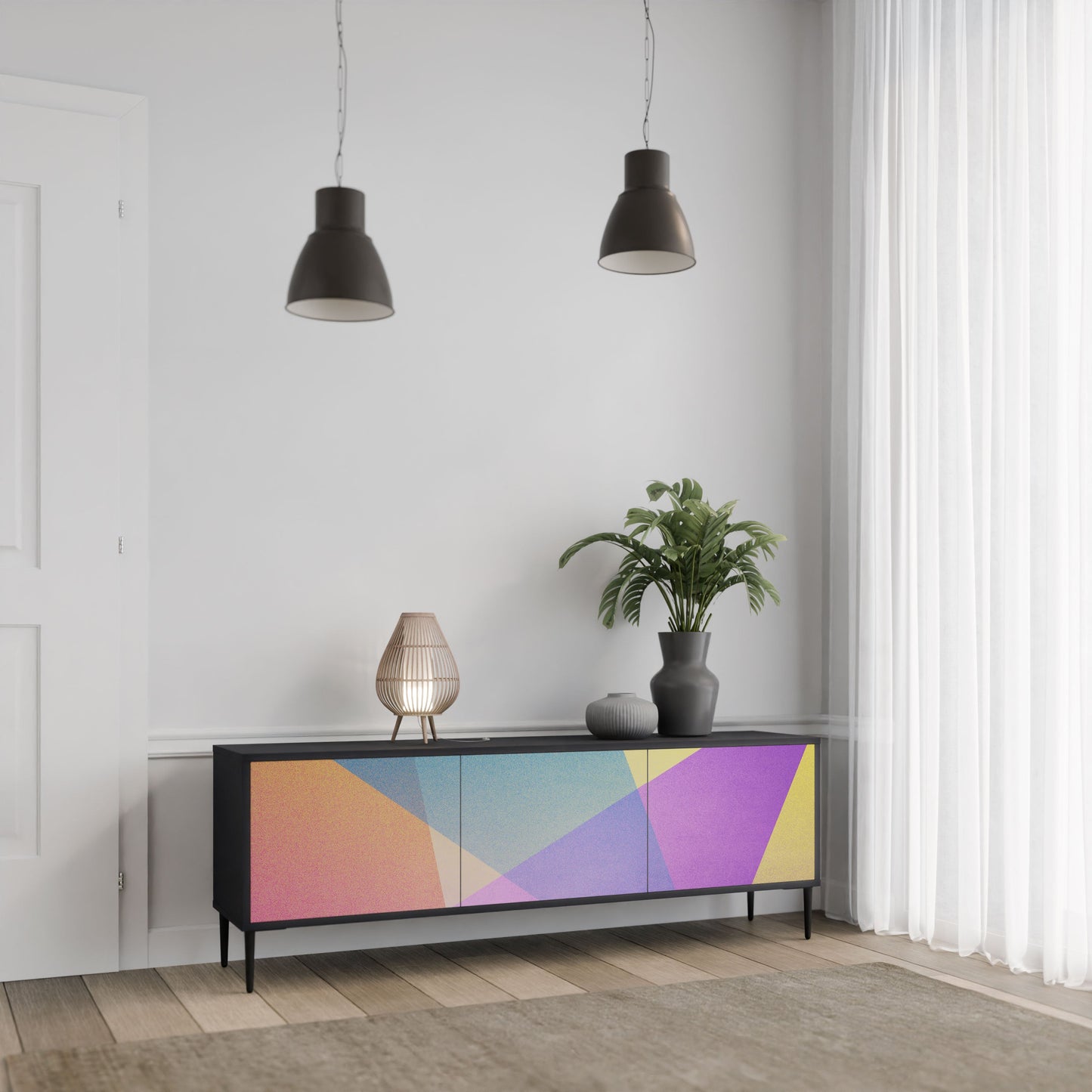 BRIGHT GEOMETRY 3-Door TV Stand in Black Finish