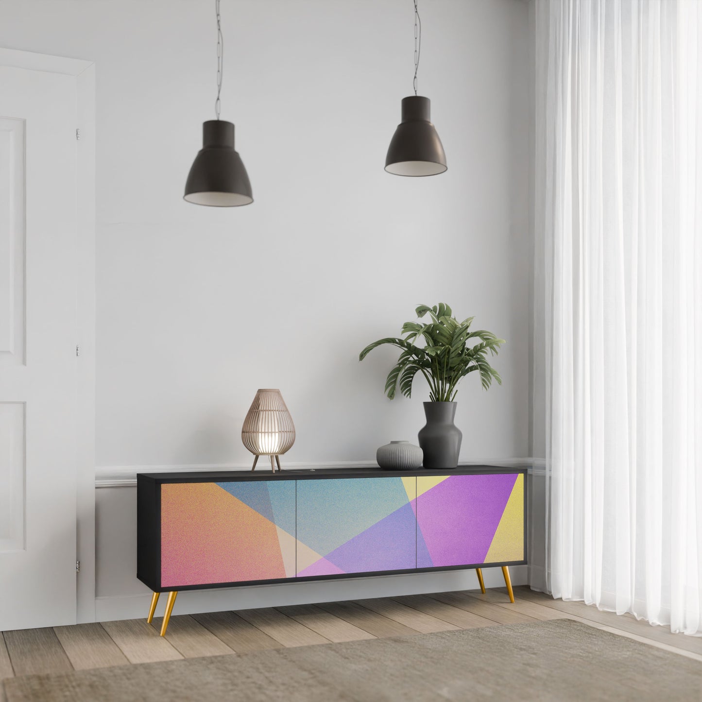 BRIGHT GEOMETRY 3-Door TV Stand in Black Finish