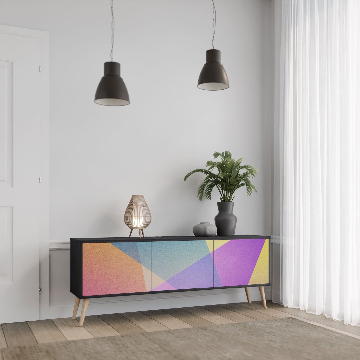 BRIGHT GEOMETRY 3-Door TV Stand in Black Finish