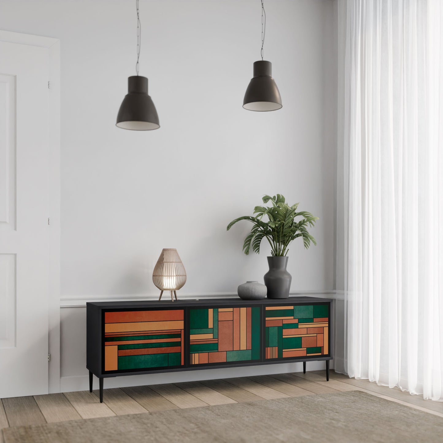 EARTHY FIGURES 3-Door TV Stand in Black Finish