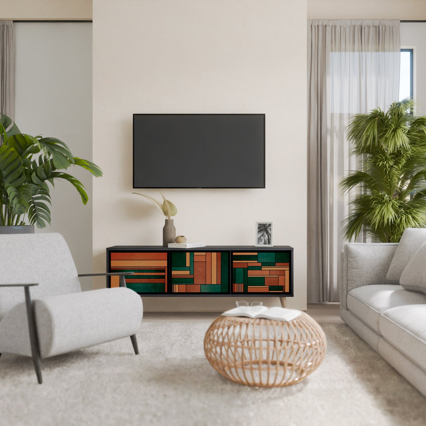 EARTHY FIGURES 3-Door TV Stand in Black Finish