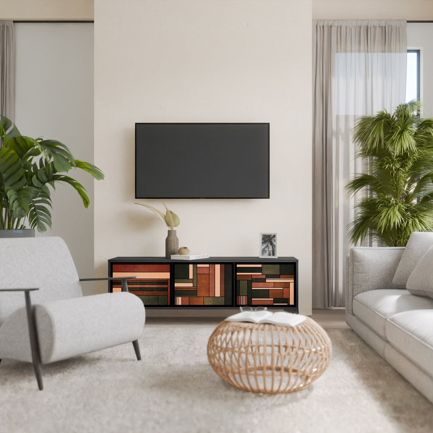 FIGURES OF NATURE 3-Door TV Stand in Black Finish