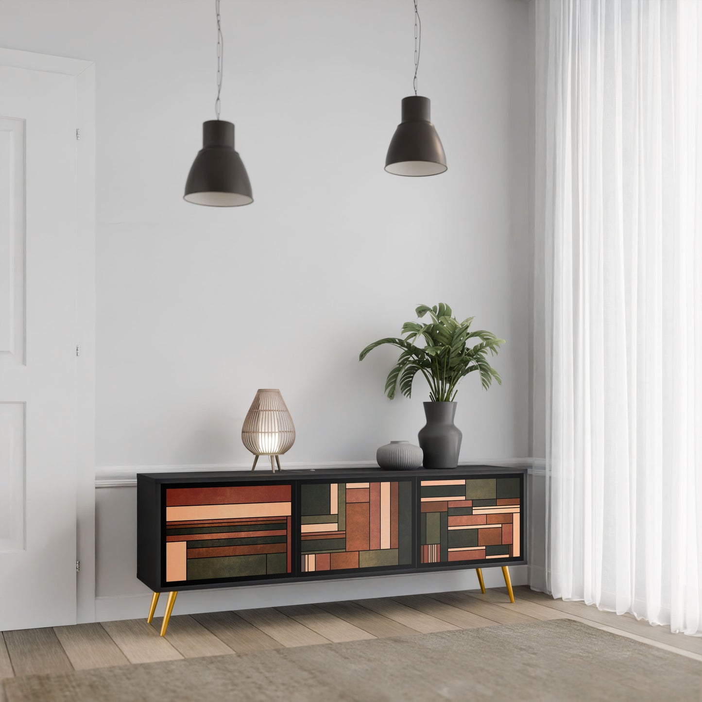 FIGURES OF NATURE 3-Door TV Stand in Black Finish