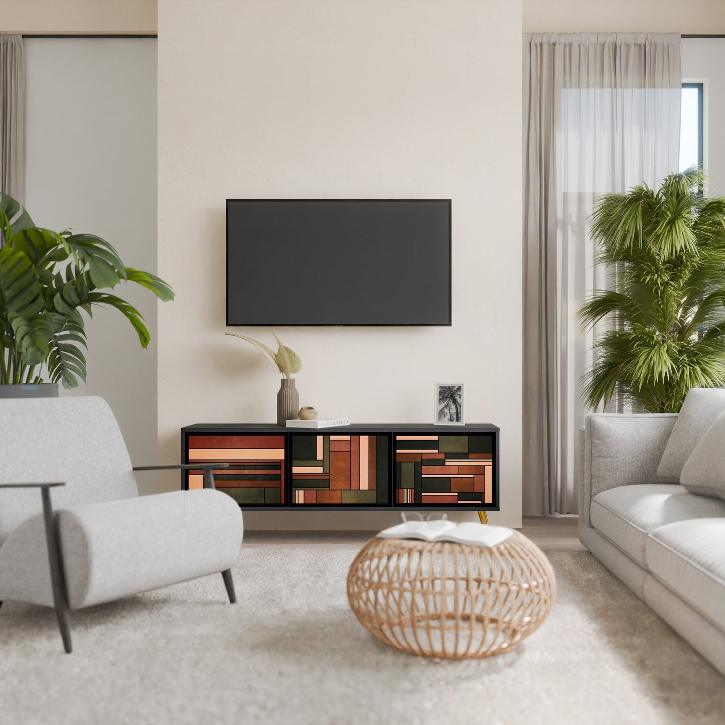 FIGURES OF NATURE 3-Door TV Stand in Black Finish
