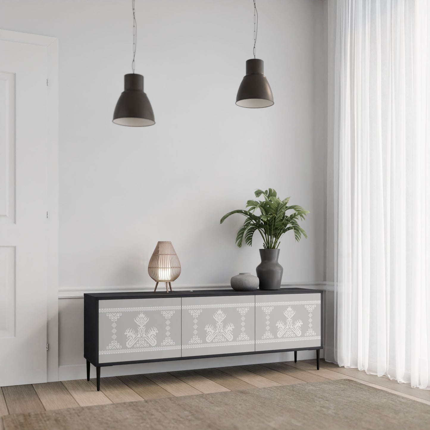 THAI GRAY 3-Door TV Stand in Black Finish