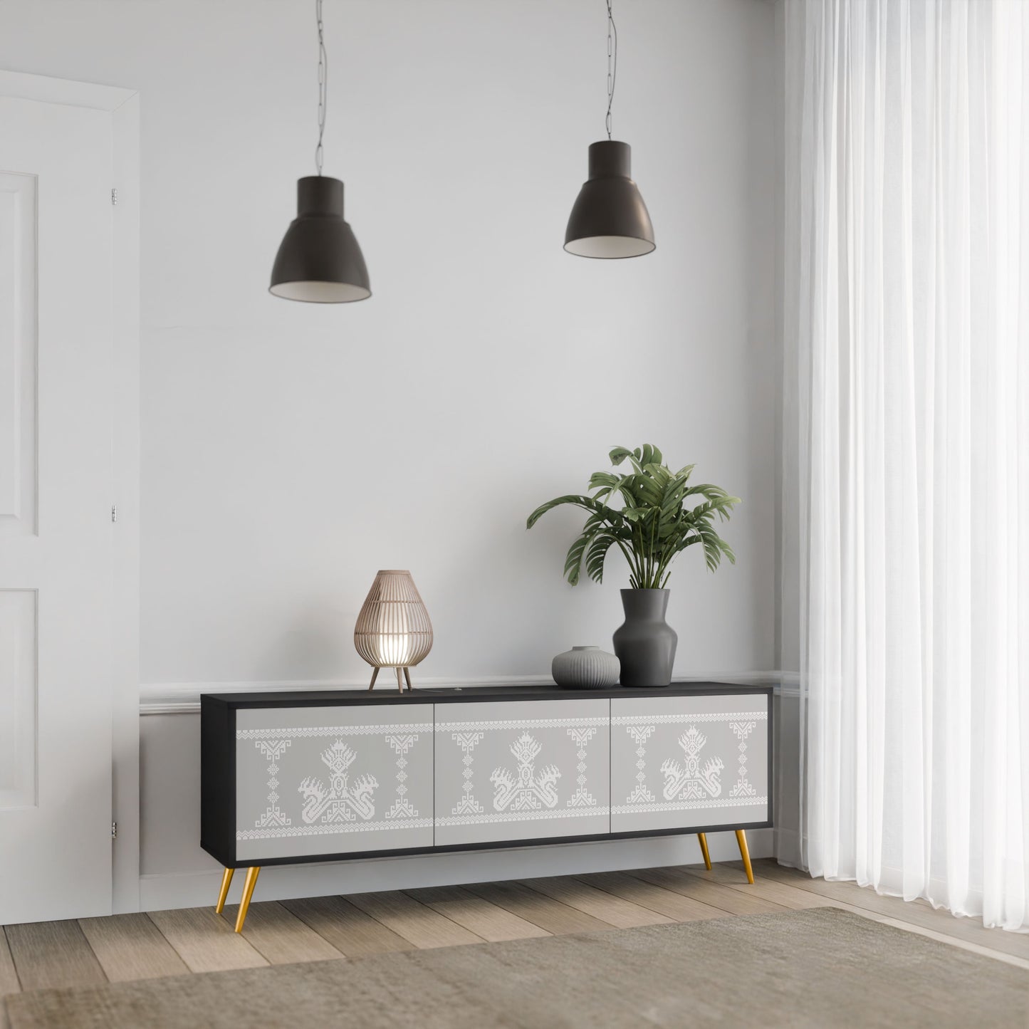THAI GRAY 3-Door TV Stand in Black Finish