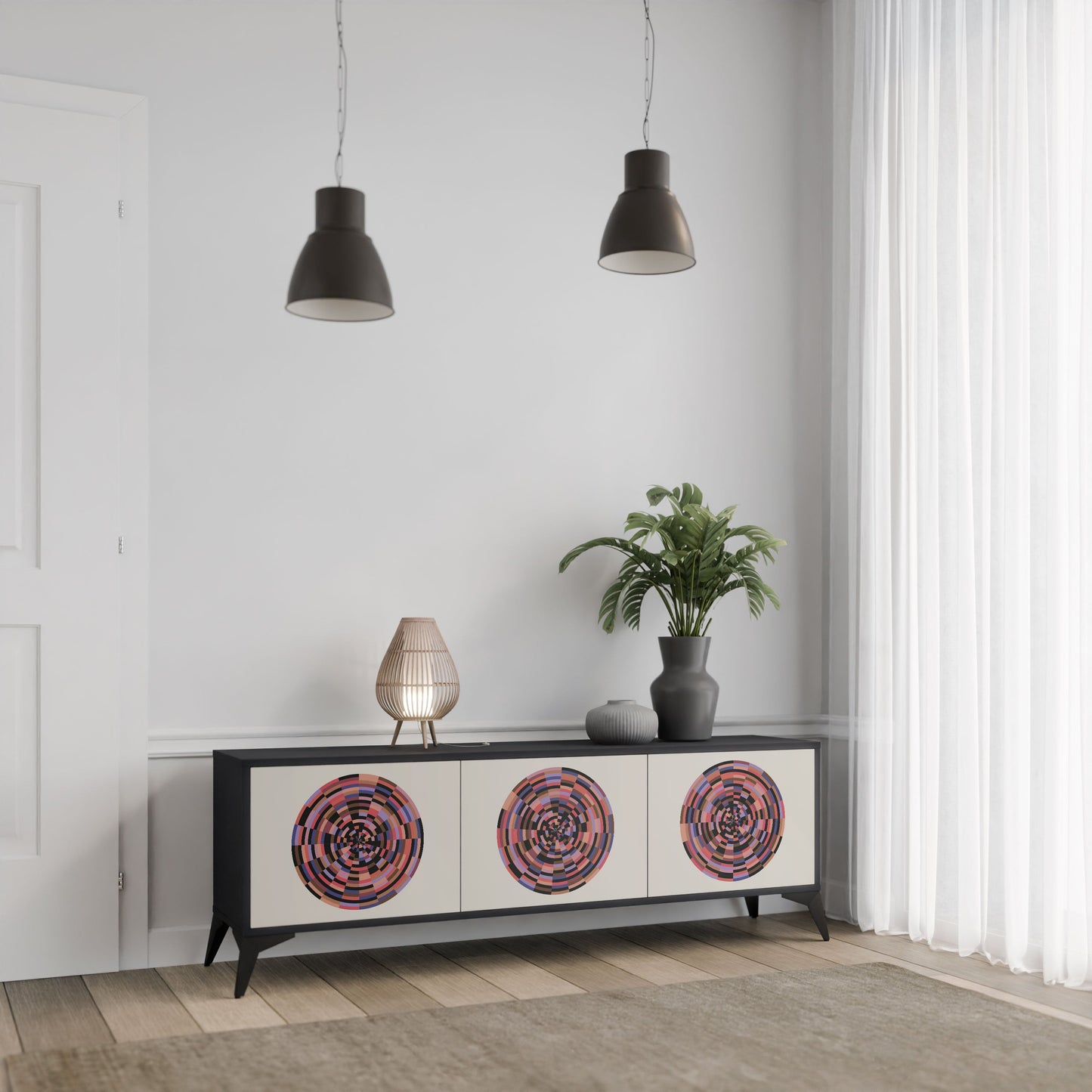 BROWN CIRCLES 3-Door TV Stand in Black Finish