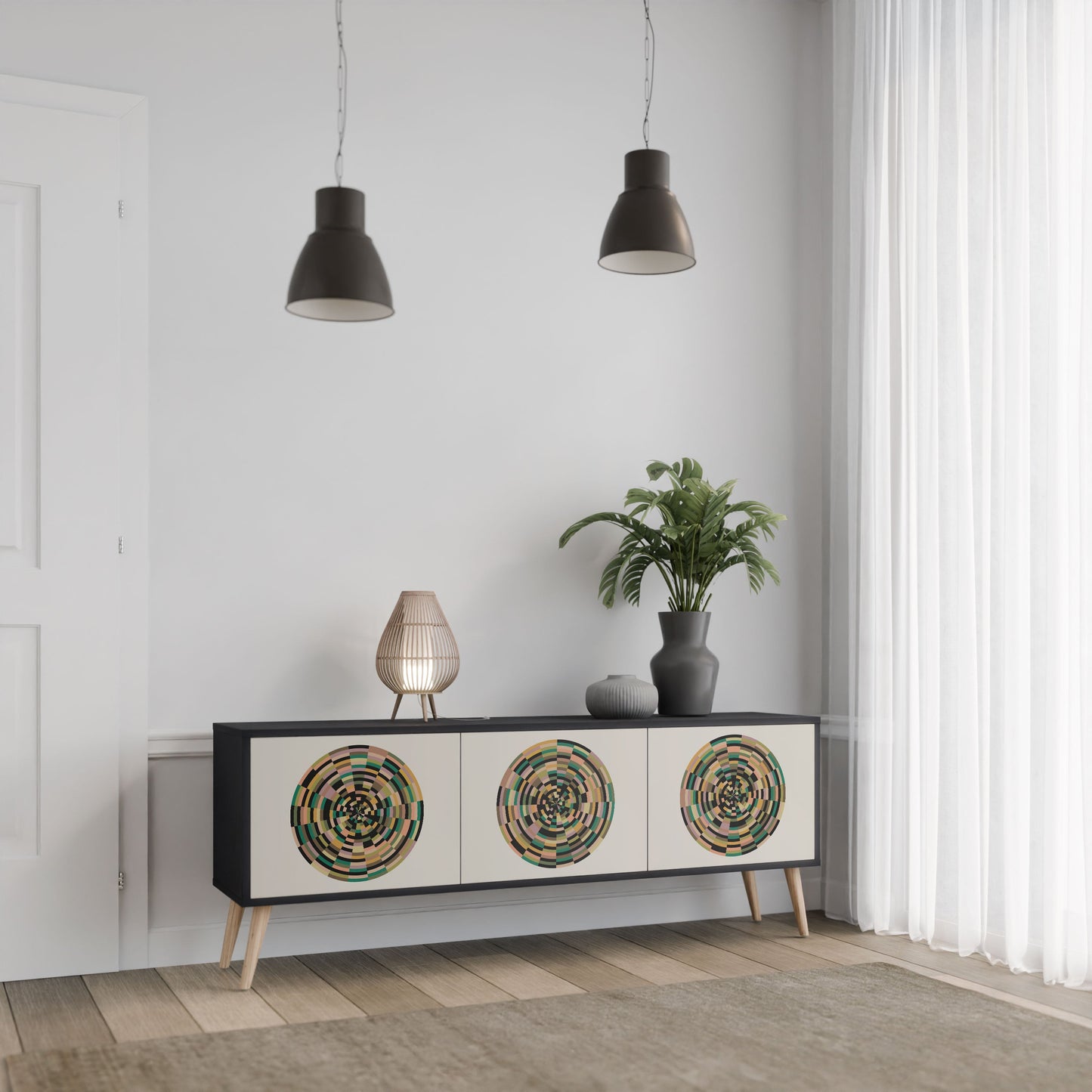 GREEN CIRCLES 3-Door TV Stand in Black Finish