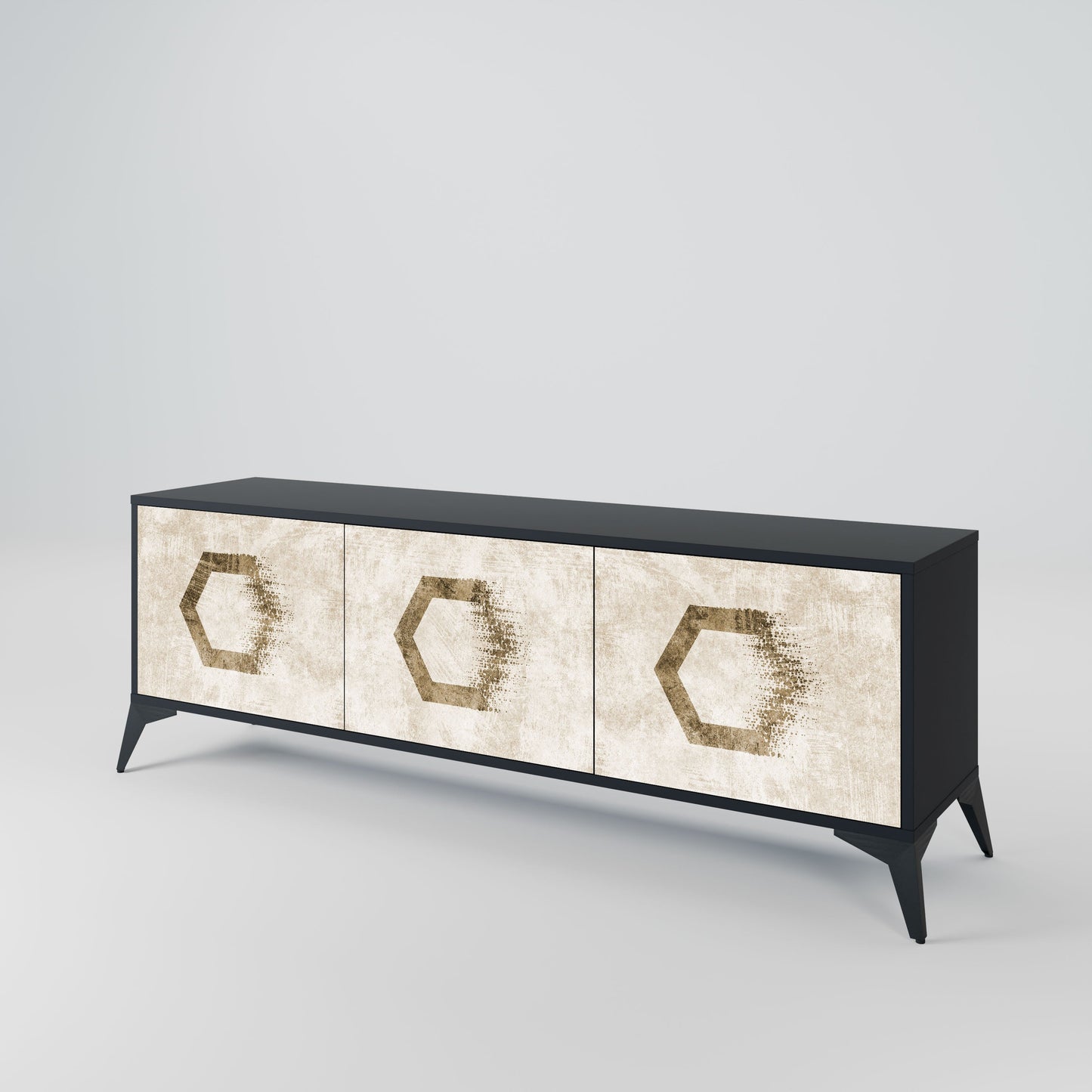 HEXAGONAL SHAPES 3-Door TV Stand in Black Finish