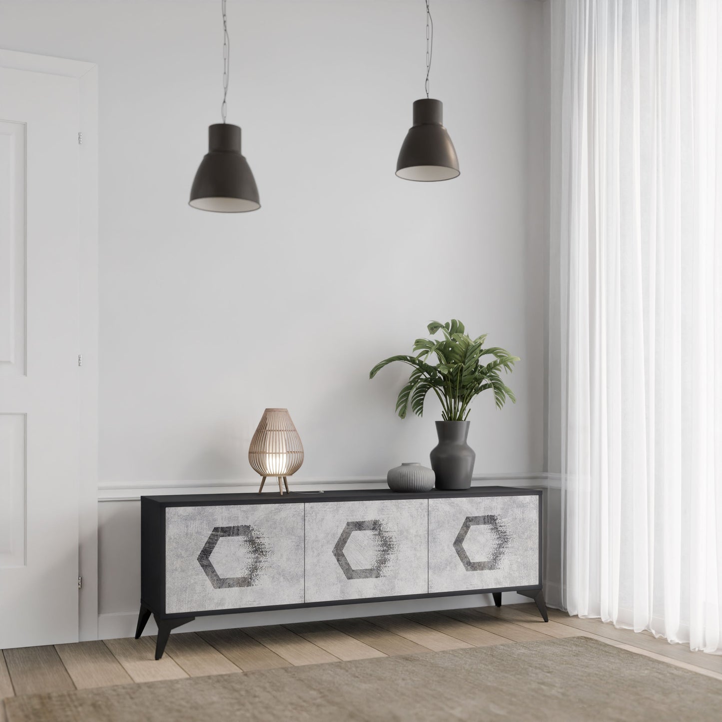 HEXAGONAL FIGURES 3-Door TV Stand in Black Finish