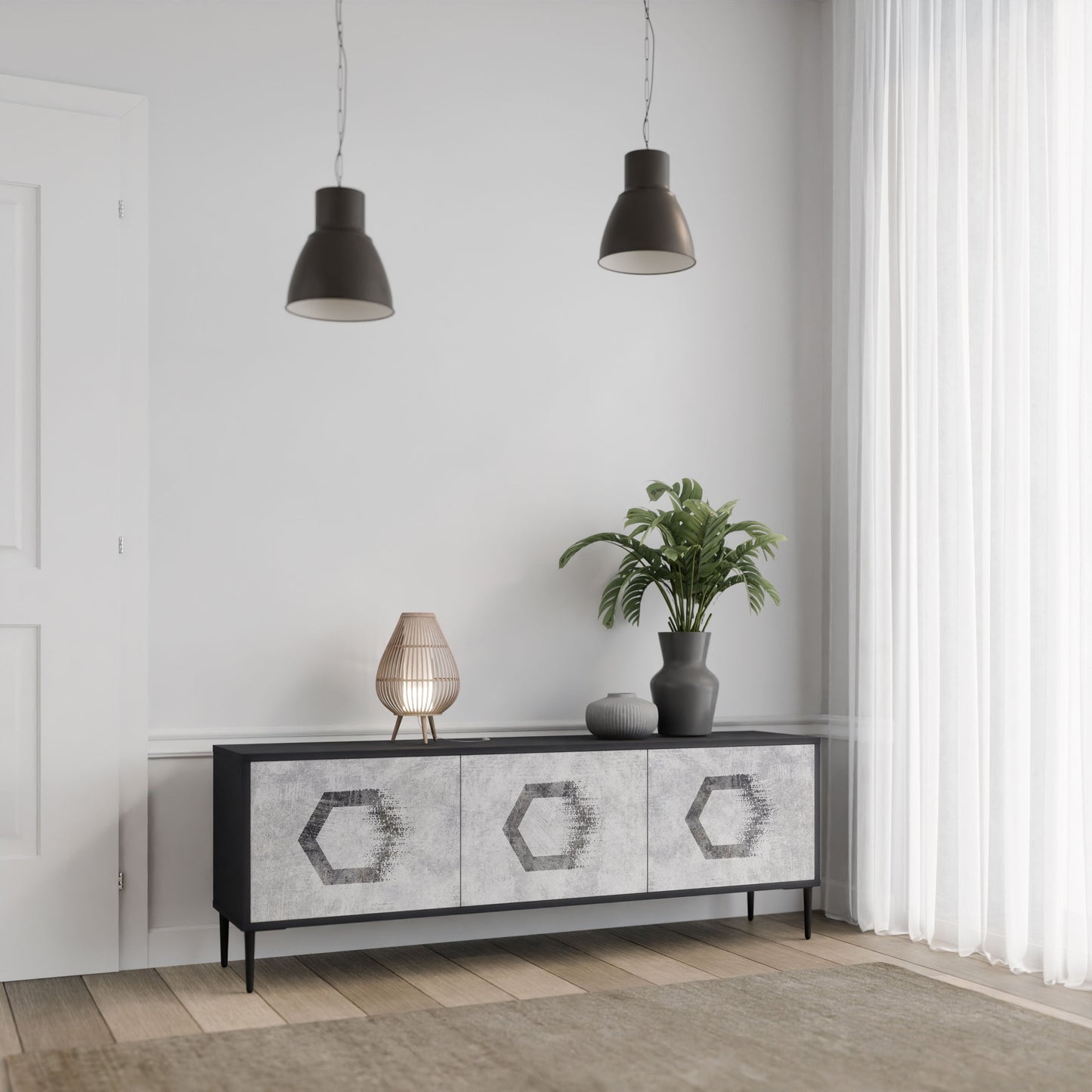 HEXAGONAL FIGURES 3-Door TV Stand in Black Finish