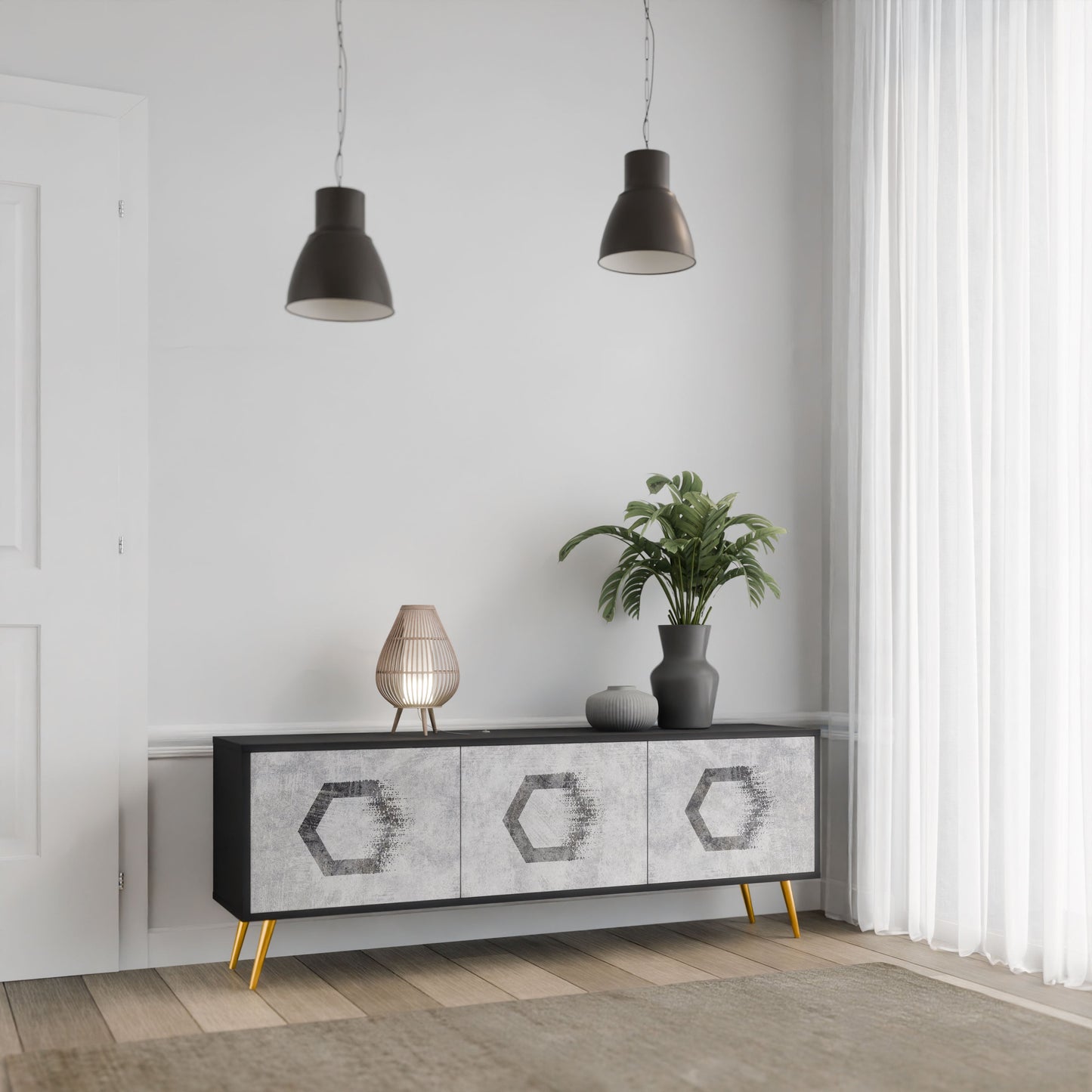 HEXAGONAL FIGURES 3-Door TV Stand in Black Finish