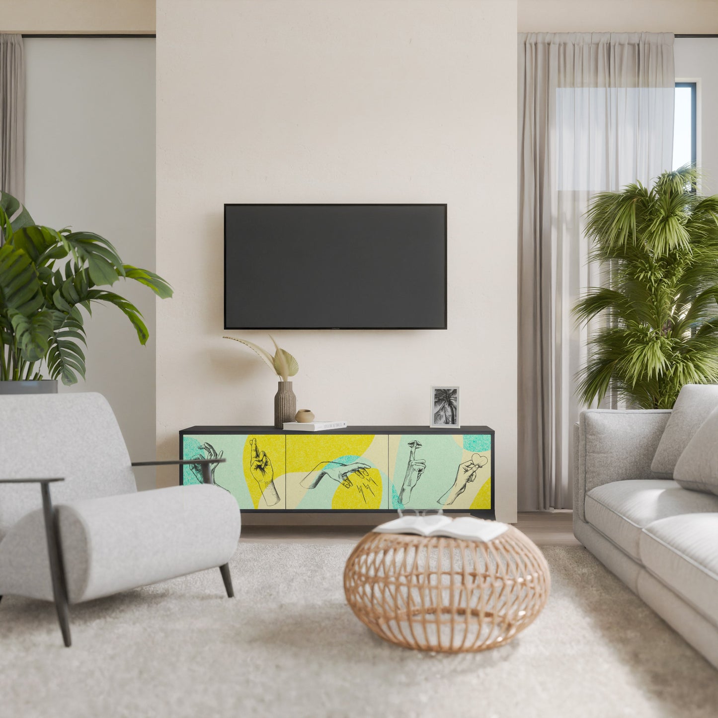 BODY LANGUAGE 3-Door TV Stand in Black Finish