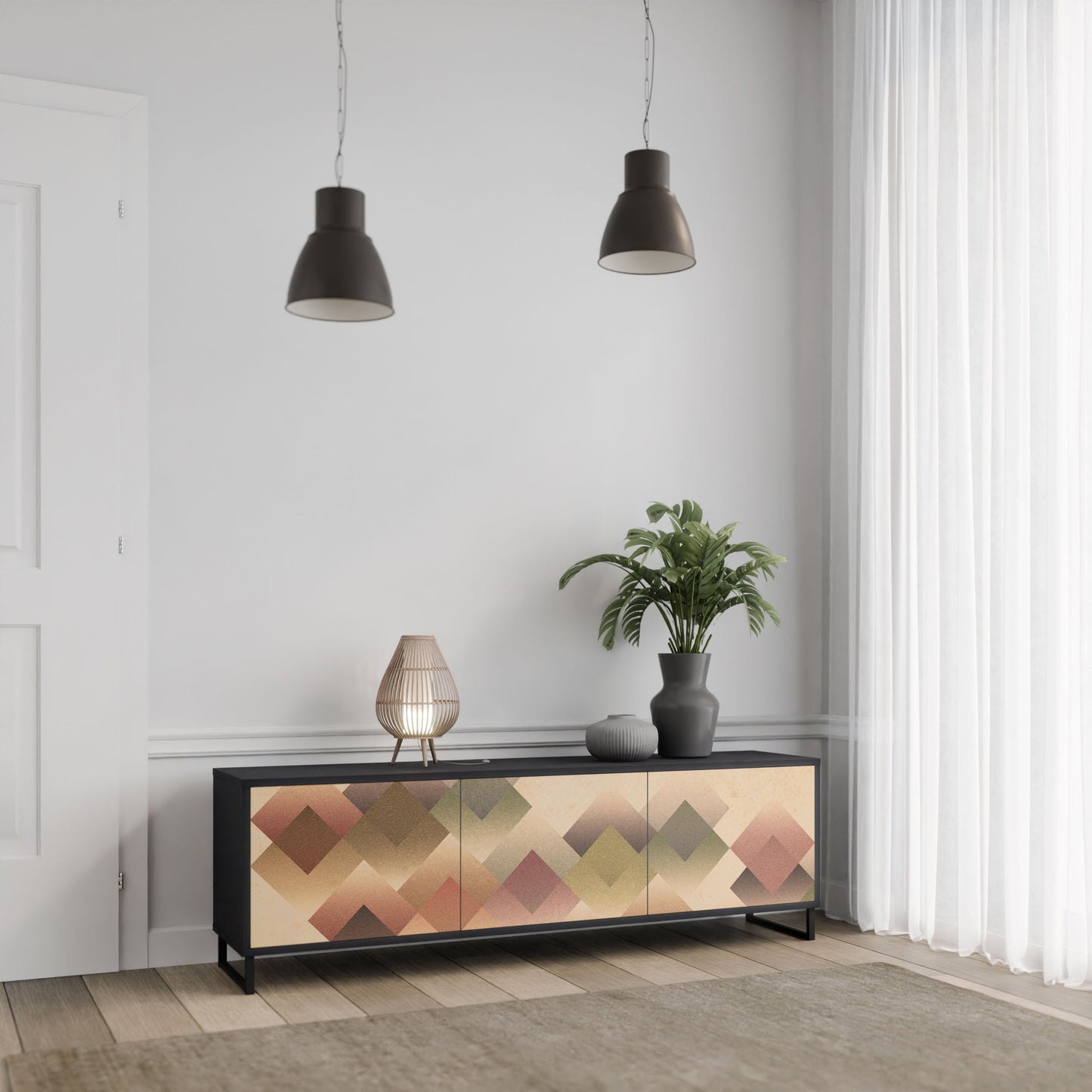 GEOMETRIC FUSION 3-Door TV Stand in Black Finish