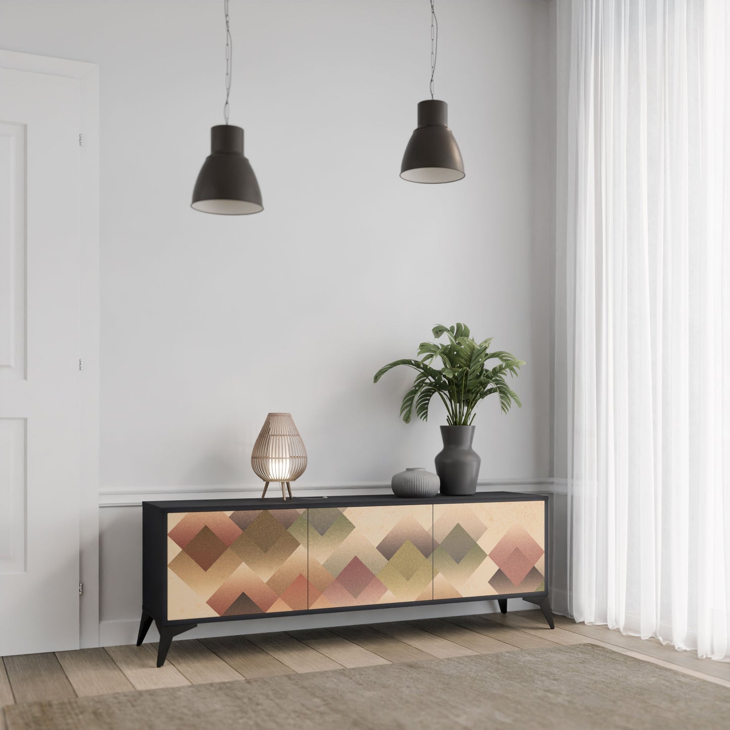 GEOMETRIC FUSION 3-Door TV Stand in Black Finish