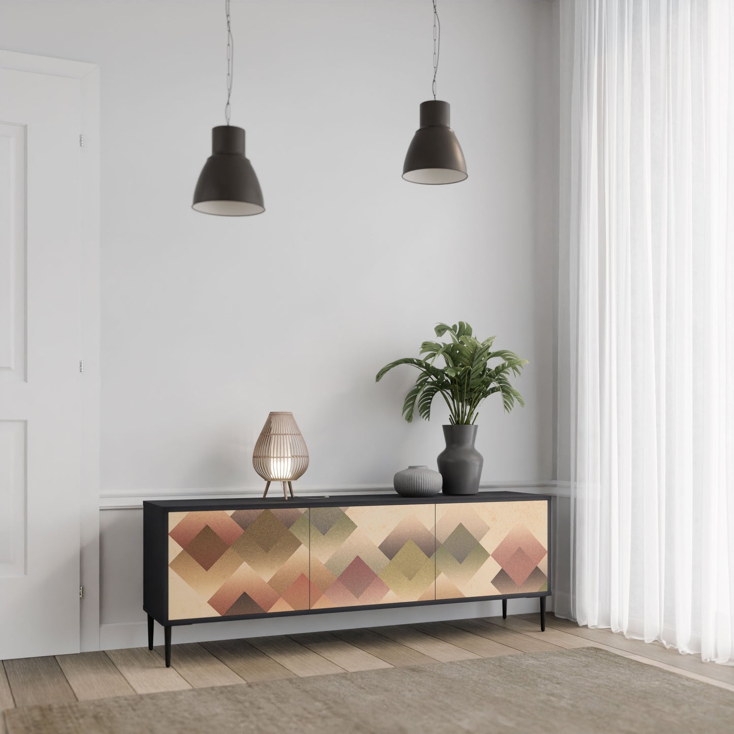 GEOMETRIC FUSION 3-Door TV Stand in Black Finish