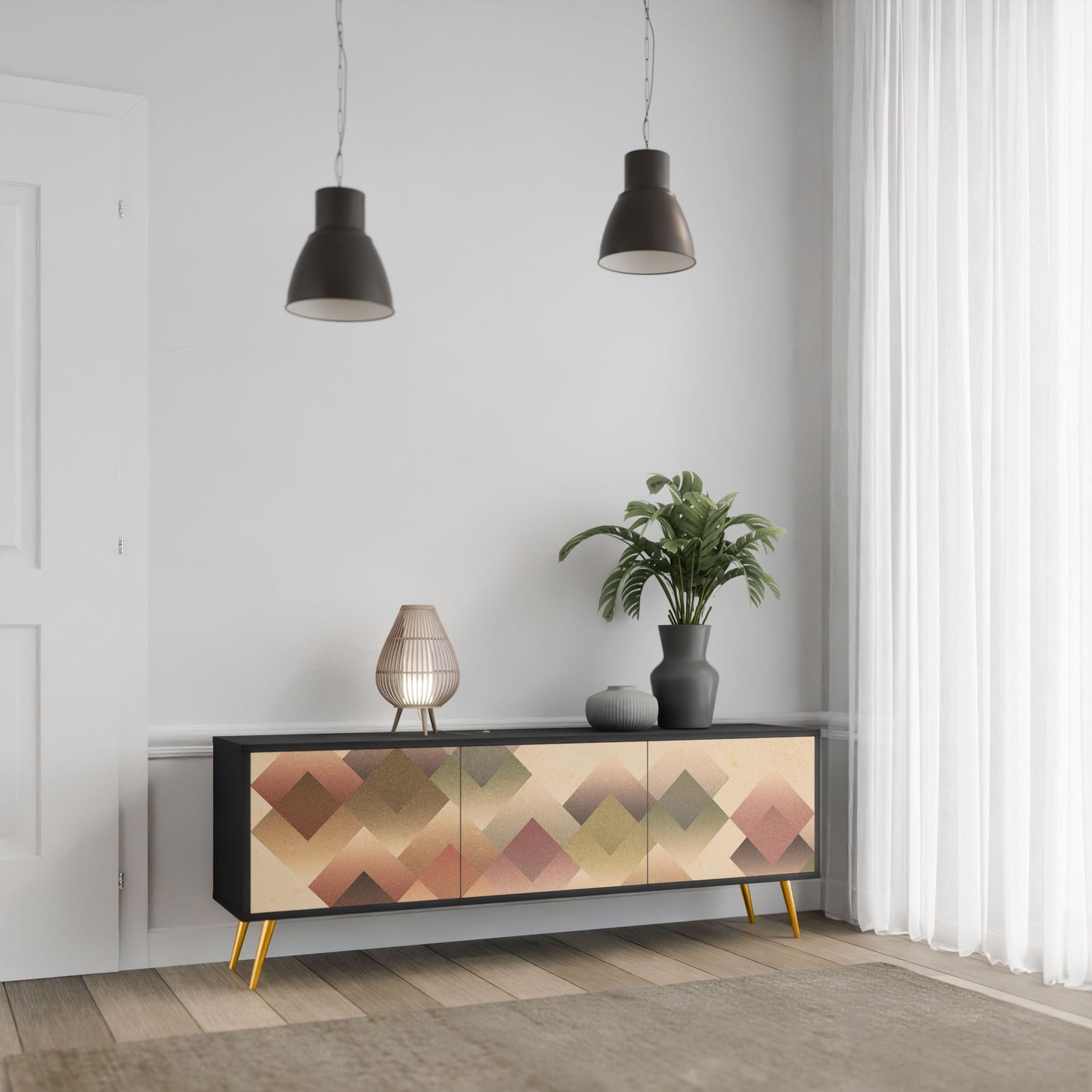 GEOMETRIC FUSION 3-Door TV Stand in Black Finish