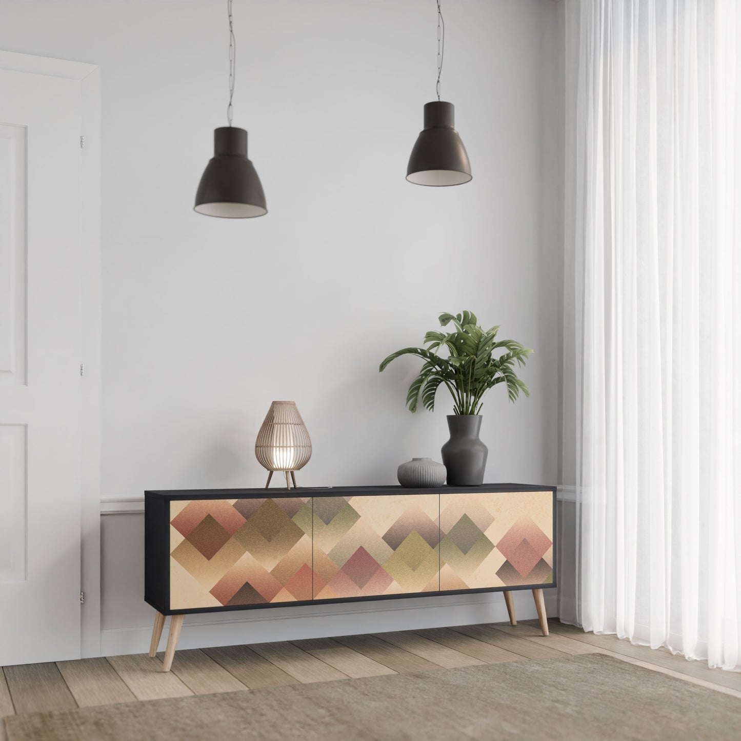 GEOMETRIC FUSION 3-Door TV Stand in Black Finish