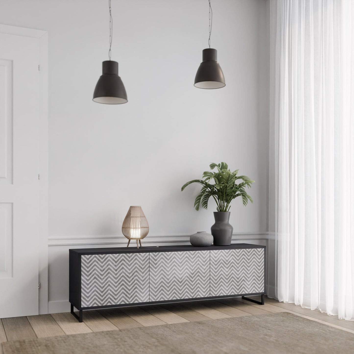 Mobile TV CONCRETE ZIG ZAG a 3 ante in finitura nera