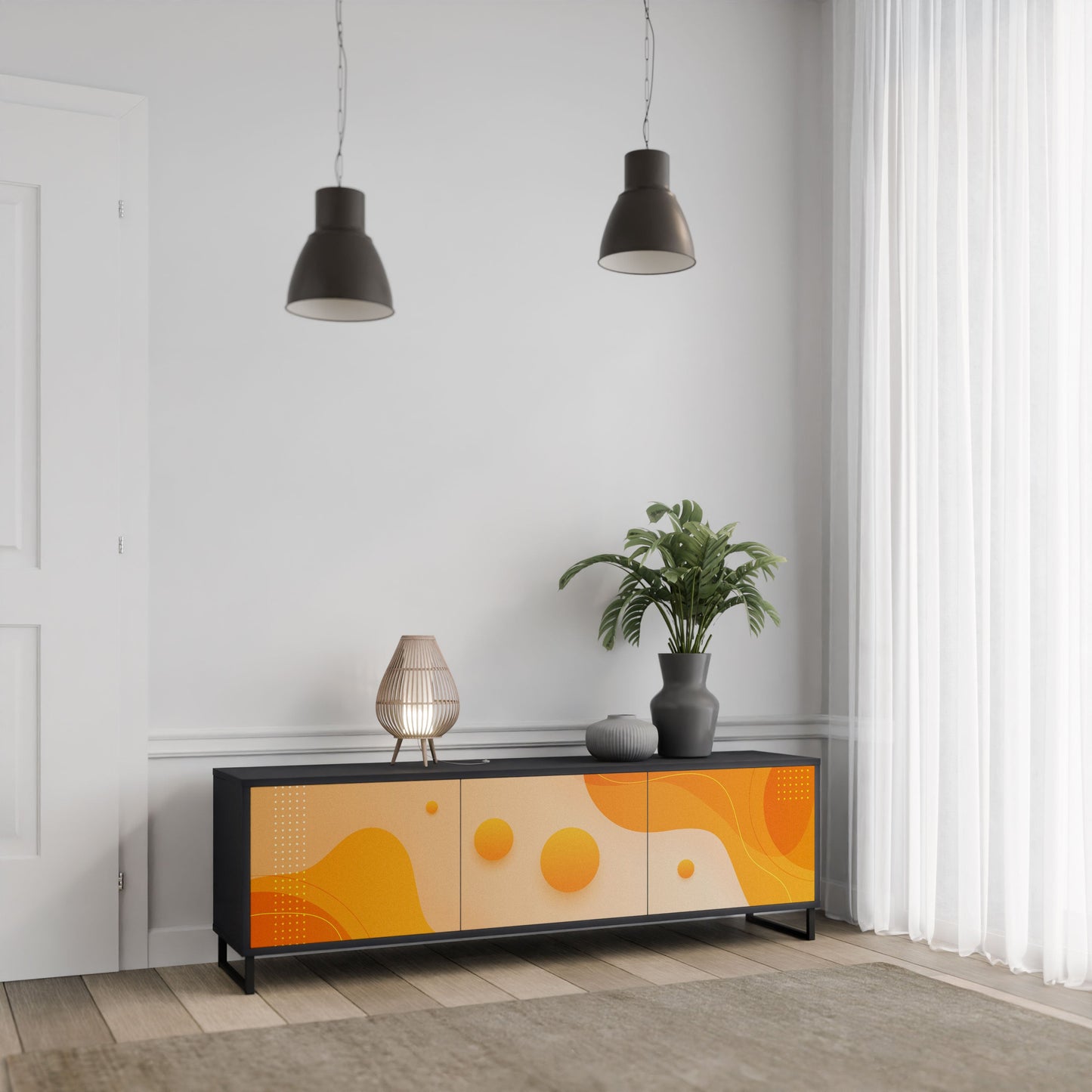 ORANGE ARRANGEMENT 3-Door TV Stand in Black Finish