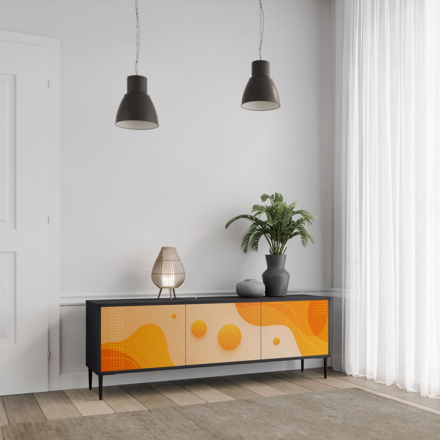 ORANGE ARRANGEMENT 3-Door TV Stand in Black Finish