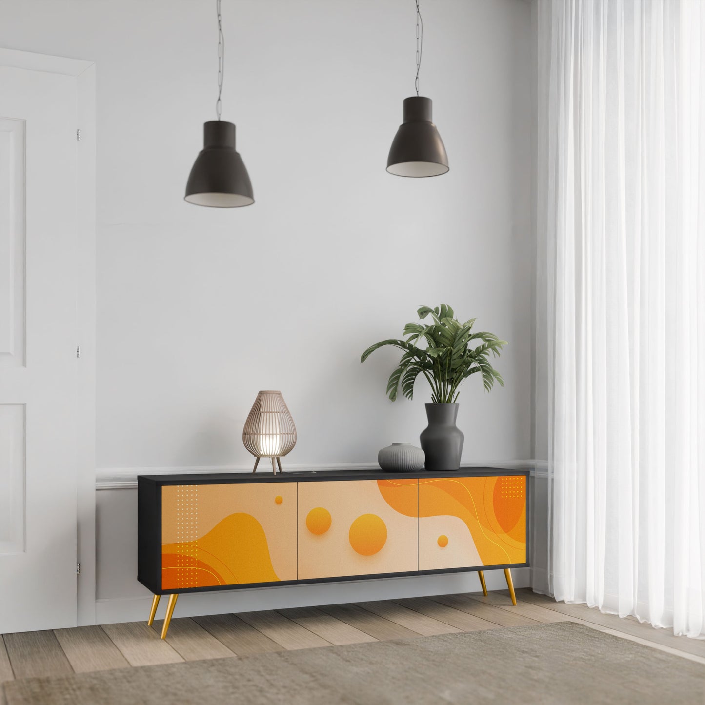 ORANGE ARRANGEMENT 3-Door TV Stand in Black Finish