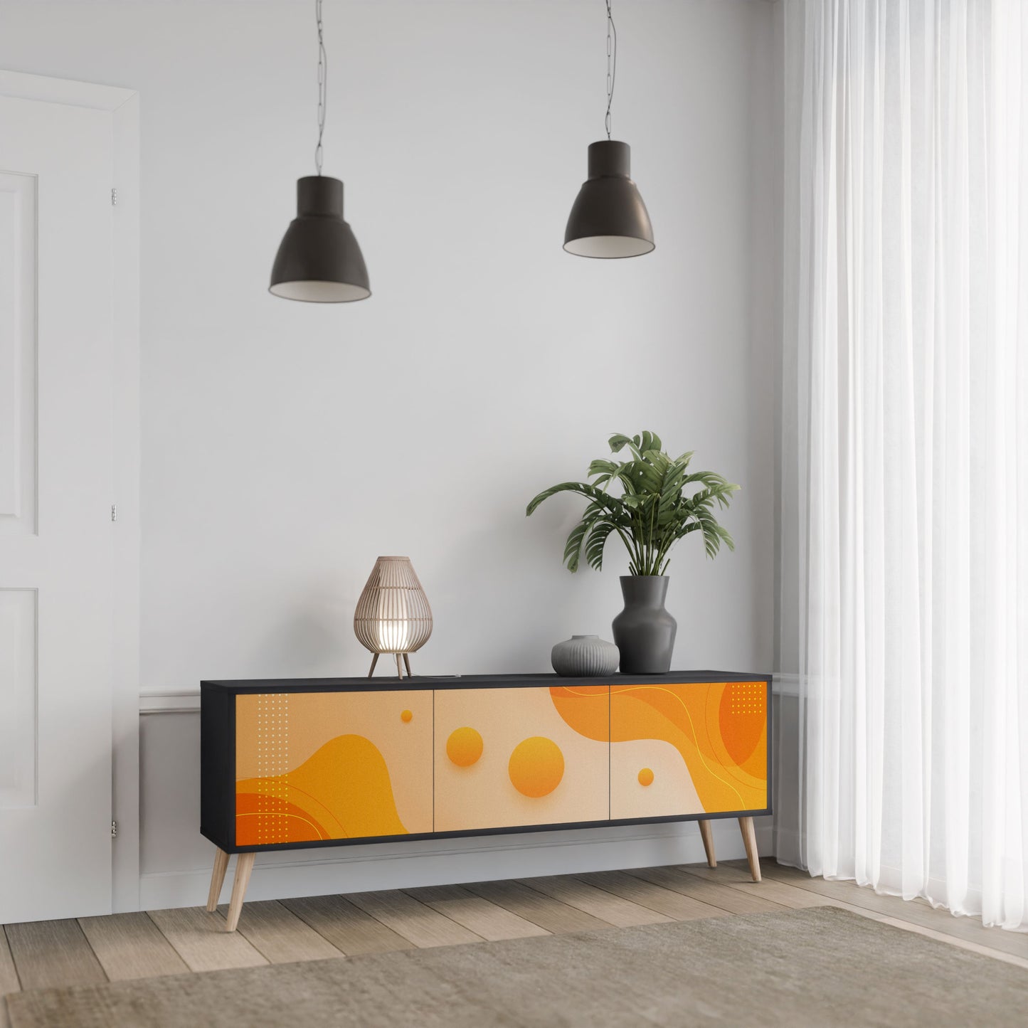 ORANGE ARRANGEMENT 3-Door TV Stand in Black Finish