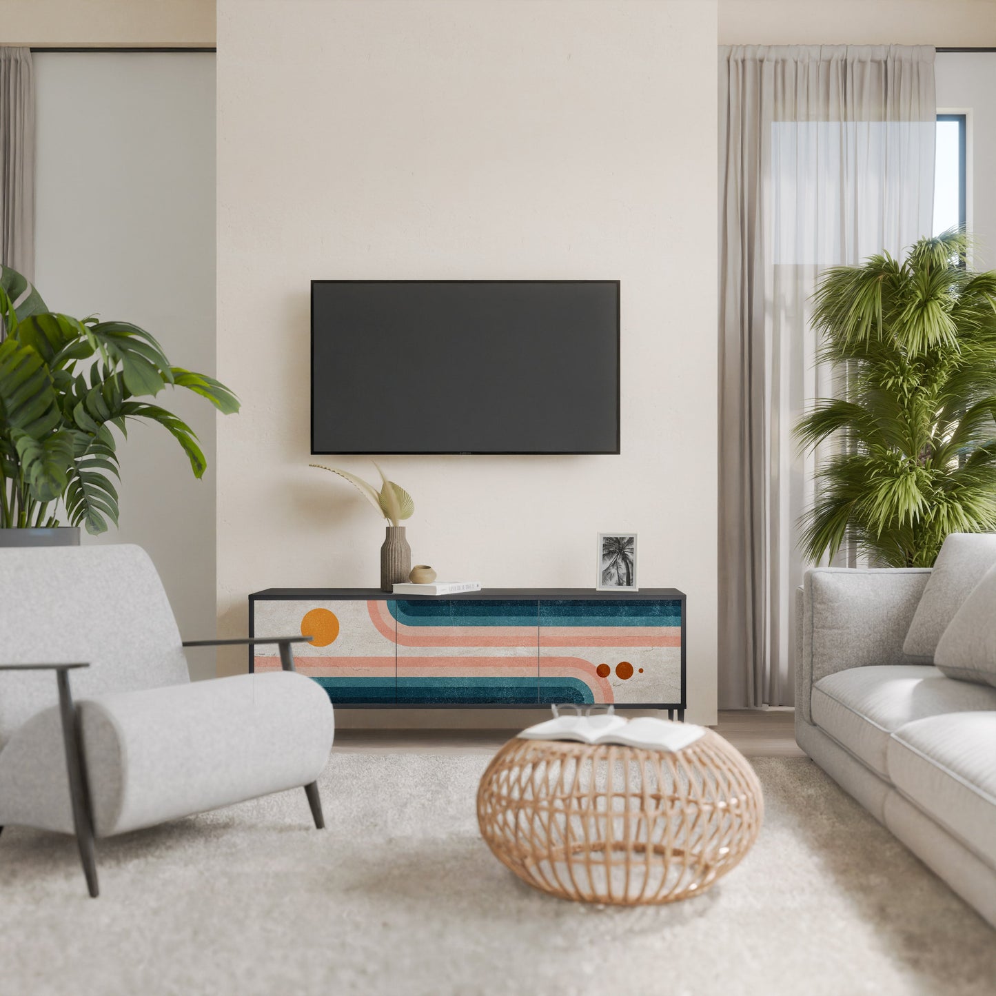 TWO HALVES 3-Door TV Stand in Black Finish