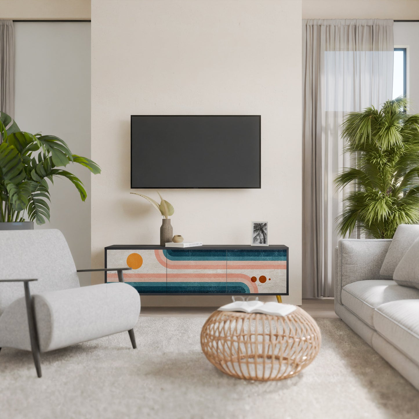 TWO HALVES 3-Door TV Stand in Black Finish
