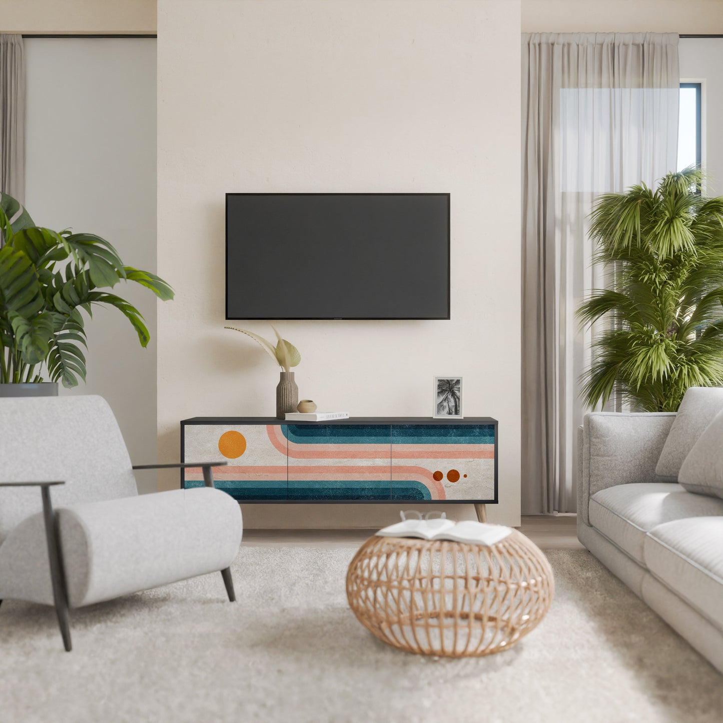 TWO HALVES 3-Door TV Stand in Black Finish
