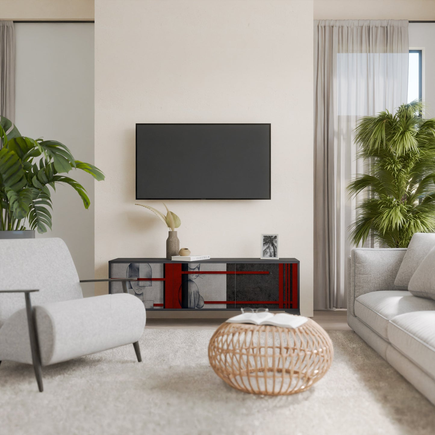 GRAY FIGURES 3-Door TV Stand in Black Finish