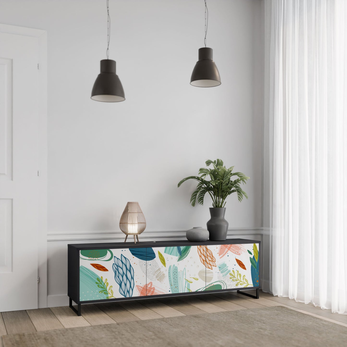 BOTANICAL HURRICANE 3-Door TV Stand in Black Finish