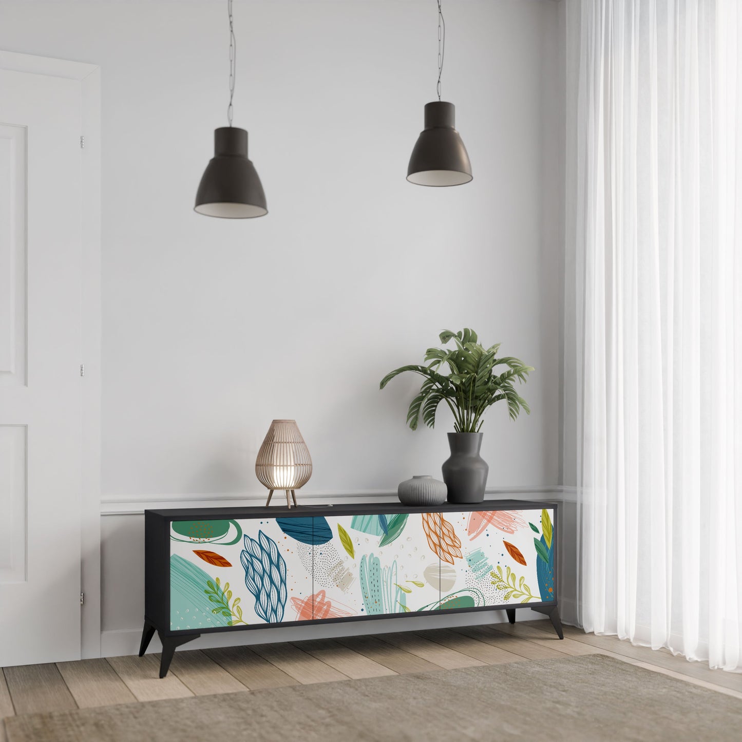 BOTANICAL HURRICANE 3-Door TV Stand in Black Finish