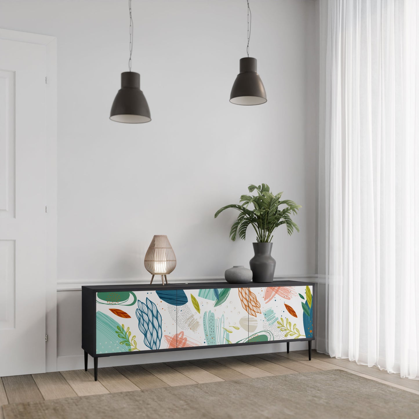BOTANICAL HURRICANE 3-Door TV Stand in Black Finish